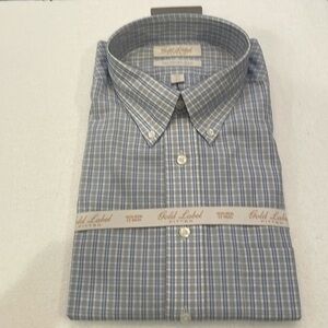 Roundtree & Yorke gold label button-down shirt fitted non-iron plaid men’s 17 34